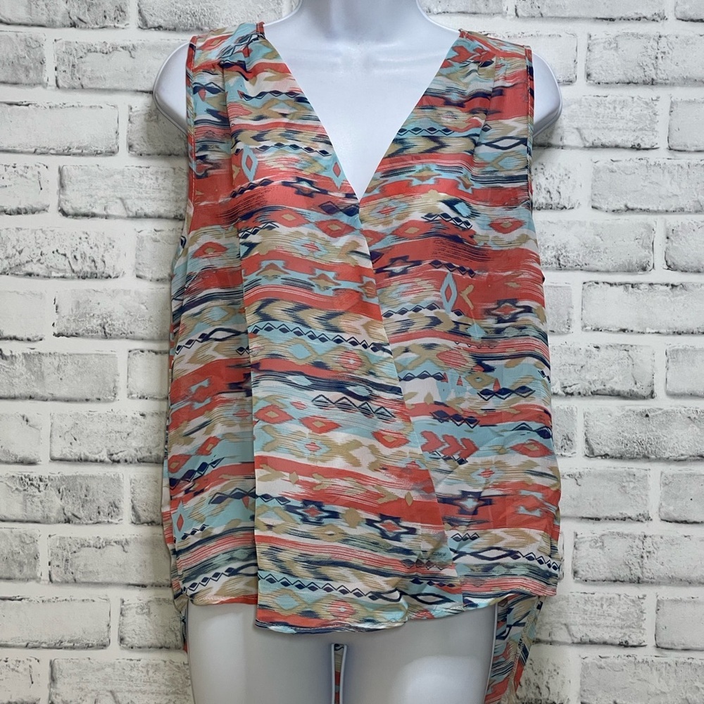 Living Doll Faux Aztec Print Wrap High Low Semi Opaque Sleeveless Blouse Medium